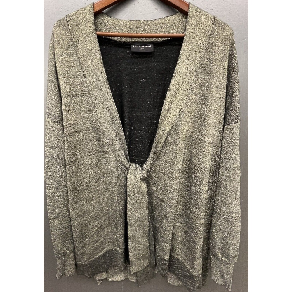 Lane Bryant Sweater 22/24 Gold Black‎ Open Front Tie Metallic Stretchy Shirt Top